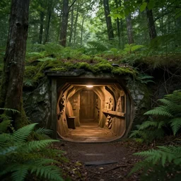 a hidden bunker found in a luxurius forest, hyper detailed, 8 k, trending on artstation