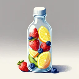 ( ( dither ) ), editorial illustration strawberries blueberries sliced kiwi sliced lemon inside a clear drinking bottle, isometric, modern art deco, ( ( mads berg ) ), karolis strautniekas, christopher balaskas, stippled light, fog, fine texture, dynamic composition, matte print, unreal engine