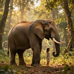 werecreature consisting of a elephant and a human,! wereelphant, golden hour, photograph captured in a forest