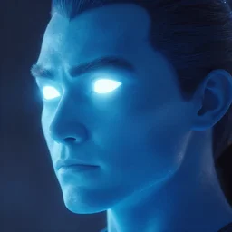 Movie still frame from a super-hero blockbuster showing a close-up of the glowing glowing glowing glowing glowing blue blue blue blue blue blue face of a CGI character in profile. The are a human superhero with ethereal glowing blue skin and solid white glowing eyes. Close-up side profile portrait. Weta Digital. Animal Logic. Industrial Light & Magic.