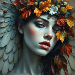 portrait of beautiful model with angelic face by irakli nadar with intricate detailed color smashing fluid oil paint and acrylic, dried moss and dried autumn leaves flower headdress, haunting, elite, elegant, melting wax, mycelia, abstract impressionism, ruan jia, dark fantasy, hyper detailed, concept art, by gustav klimt,