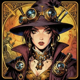 a detailed portrait illustration of a steampunk wizard. beautiful androgynous female face. art nouveau, pop art, comic book style. influenced by neil gaiman, jules verne, dan mumford, brian froud, vadim voitekhovitch, killian eng, ross tran.