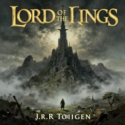 Lord of the Rings cover art of the misty Mountains with the shadow of a forked tower over them in the style of J.R.R Tolkien