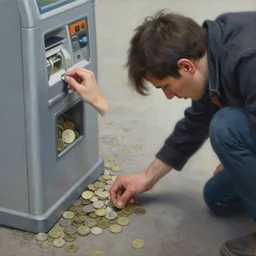 focus on person and money, hyper - realism painting, a person looking for coins on the ground to use a machine, hiding one behind, amnesiac, frantically searching, looking for credits, digitally tokenized capitalism, focus on oxymoronic dichotomy, token slot, you have to pay to play, detailed texture