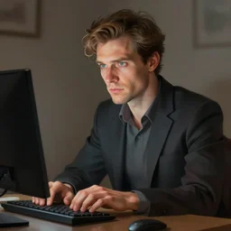 portrait of a man typing on a computer, detailed surroundings, artstation, detailed facial expression, centered, intricate, sharp focus, highly detailed, concept art, smooth, illustration, digital painting, elegant, intense emotion, by greg rutkowski, wlop