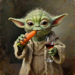 old oil painting of a yoda eating carrot and drinking wine, trending on artstation