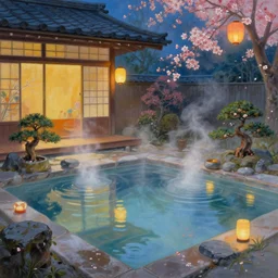 painting of private ethereal empty onsen next to japanese architecture inn with floating lanterns and flowers by greg rutkowski craig mullins ross tran mucha cozy hot springs bonsai zen garden steamy flowers japanese motifs lumen reflections concept art clear focus fantasy specular lighting global illumination trending on artstation