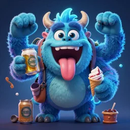highly detailed, 3 d cartoon, intricate stunning image of animation monster with big tongue several hands, beer jar, ice cream, big eyes, fur blue colours a glowing aura stuff loot legends stylized digital illustration video game icon artstation lois van baarle, ilya kuvshinov, rossdraws,
