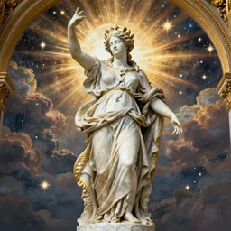 statue, saint Woman, Venus, Athena, beautiful, gracious, baroque marble and gold in space, sistina, stars, clouds