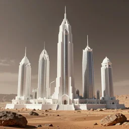 ancient white skyscrapers on mars made out of rocks, digital art, realistic, artstation, detailed