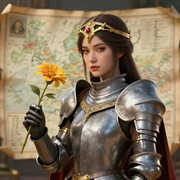hyperdetailed matte illustration of a female knight wearing an ornate gold headpiece and holding a flower with a map of the collective subconscious in the background by octane render