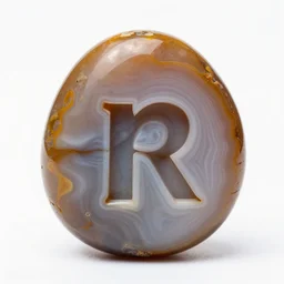 a studio portrait of an agate jasper with the letter r in the banding white background