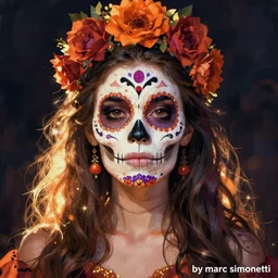 Illustration of a sugar skull day of the dead girl, art by marc simonetti
