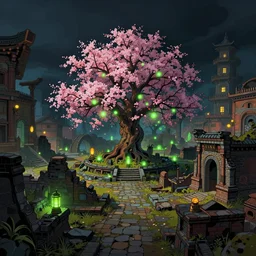ancient city, ruins, tree with cherry blossoms in the middle, glowing green lights, lanterns, colorfully, dark mood, detailed illustration, dark climate, digital art, highly saturated colors, overdetailed art, concept art, detailed illustration, hd, 4 k, digital art, greg, dan mumford, rutkowski, wlop, trending on artstation
