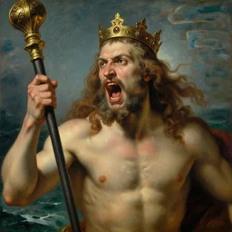 close up portrait of strong and proud young Poseidon, king of the sea, with scepter and crown, screaming, ready to fight, rising from the ocean, oil painting by Albrecht Dürer