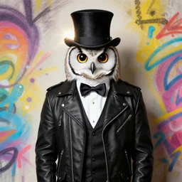 gentleman owl with black biker jacket, portrait photo, crayon outline, wall with colorful graffiti, studio photo, suit, bow tie, tophat, tophat, lens flare, 2. 8 f