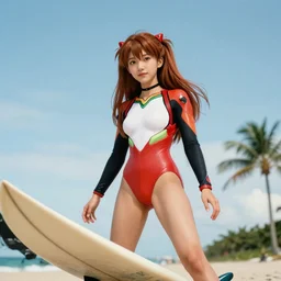 low angle iphone HDR photo of beautiful Asuka Langley from evangelion as a surfer in Florida, 35mm, cinematic, trending on Instagram, Asuka as a surfer model, 8k, 4k
