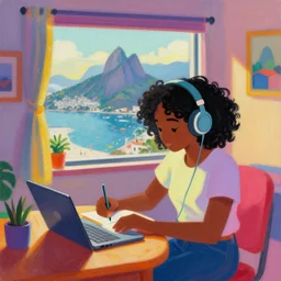 lo-fi colorful masterpiece by Greg Rutkowski, WLOP, Dan Mumford, Christophe Vacher, painting, black girl, curly hair, with headphones, studyng in bedroom, window with rio de janeiro view, lo-fi illustration style, by WLOP, by loish, by apofis, alive colors