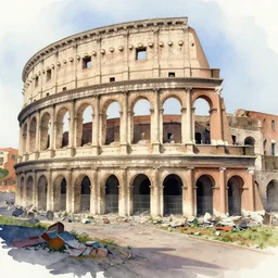 watercolor painting of rome, dilapidated, run down, trashy ambient lighting and shadows