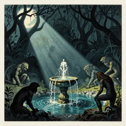 ancient creatures, by gediminas pranckevicius, by james gilleard, dark shadows, woodblock, split - complementary - colors, polished, favolaschia - calocera, fountain of youth