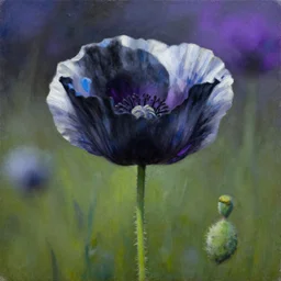oil painting of black / blue / white / purple papaverum flower on the field, beautiful nebula in the sky by jacek yerka