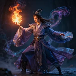 Supreme archmage holding a fireball with wisps of color in an action pose and flowing robe.