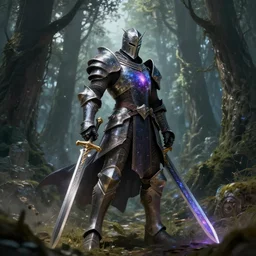 knight with great sword of ray, galaxy armor, elden ring, in the middle forest of fantasy, 4 k, realistic, by greg rutkowski - artstation