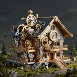 Beautiful steampunk Swiss chalet built on a landscape of an intricate watch mechanism, cogs, gears, gearwheels, levers, jewels, shiny silver, shiny gold, engraved metal, architectural render, futuresynth, by Gabriel Dawe, by Skottie Young, by Jessica Rossier, by Isaac Cordal, Rolex, Breitling, Hublot, Jacob & Co, Tag Heur