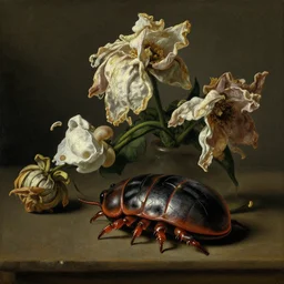 isopods crawling dutch golden age still life, bizarre rubber forms, pill bug, withered flowers, otto marseus van schrieck still life, dutch golden age painting, dramatic lighting, cinematic lighting, willem van aelst still life, elias van den broeck painting still life, christiaen striep still life, rachel ruysch flowers, oil on canvas