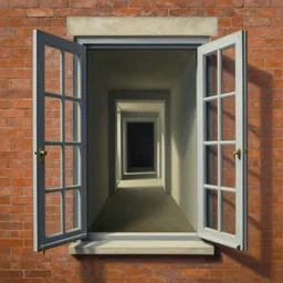 an open window to nothingness in brick wall with open doors with endless hallway inside, painting by rene magritte, centered, high detail, high resolution