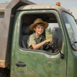 classic oil painting, the inside of a dump truck with a boy in the drivers seat, as a dnd character, cottagecore, highly detailed, digital illustration, concept art, smooth, sharp focus, art by greg hildebrandt, and tim hildebrandt