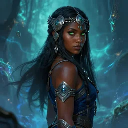Beautiful Young Female Shaman, shamanistic dark blue clothes, ornamental, covered!, metal garments, dark brown skin, green supernatural eyes, looking across the shoulder, full body, cute!, extremely detailed!, high fantasy, matte painting, detailed facial features!, warcraft, single character!, floating, elemental background, by Rossdraws, James Jean, gerald brom, Andrey Ryabovichev, Mark Simonetti and Peter Morbacher, trending in artstation, artstationHD, artstationHQ, cgsociety, octane, 16K HD