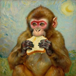 a beautiful oil painting of a beautiful young monkey eating a rat sandwich , 8k , award winning , made in 1800's , old , painted by vincent van gogh