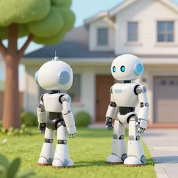 two completely identical robots, standing outside a house with a tree to the side, one robot is looking at the house and one robot is looking at the tree, from a lucasarts point and click 2 d graphic adventure game, art inspired by thomas kinkade