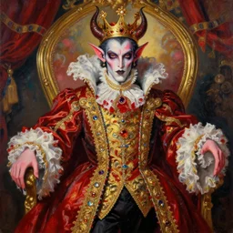 the royal king demon by greg hildebrant lisa frank vaporwave fancy rococo baroque regal oil painting high quality award winning clothed in fancy garb