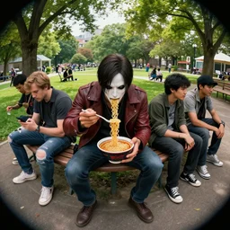 Resident Evil’s Nemesis eating ramen sitting in a park’s bank, Greg Rutkowski, Darek Zabrocki, Karlkka, Jayison Devadas, Phuoc Quan, trending on Artstation, 8K, ultra wide angle, pincushion lens effect.