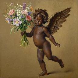 highly detailed painting of a black cherub carrying flowers, intricate, elegant, digital painting, artstation, in the style of kehinde wiley, krenz cushart, artem demura