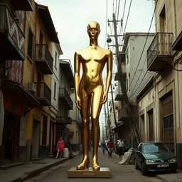 vintage color photo of a shiny golden brancusi sculpture in the middle of a poor brazilian favela street, image by werner herzog
