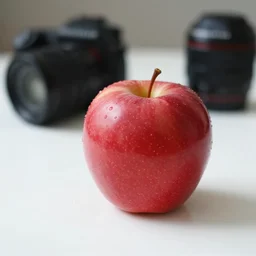 a ruby apple is sitting on the white table, clear focus, bokeh effect, high res, hasselblad, dslr, professional, cinematic
