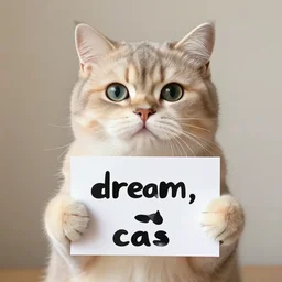 realistic high quality photo of a cute cat holding a sign with text that reads : dream, cat, cas, cat cat dreamcats, cats, cas, cas, catss, cats, catscatscats, cats, cat, cats, caaats, cast, cast, cast, caast, cats, cat, cats dream cats