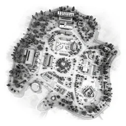 a black and white call of duty laboratory map. d & d battlemap. small dungeon. a few large rooms. clean design. high definition etching with complex details.