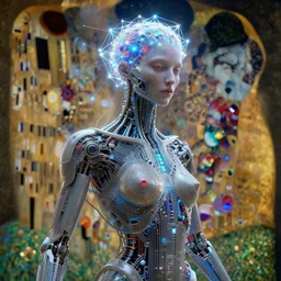 timeless cybernetic deity with circuitry skin and networked mind tripping on acid, intricate detail, royo, whealan, giger, klimt, hd, octane render, unreal engine,