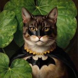 a reneissance painting of a maincoon cat among big green leaves, wearing a batman cowl, very detailed, in the style of mantegna