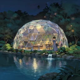 geodesic dome in front of a lake with gardens and waterfall, gapmoe kuudere moody lighting stunning bokeh highlights sharp contrast | trending pixiv fanbox | by greg rutkowski makoto shinkai takashi takeuchi studio ghibli