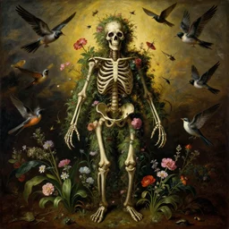 'Life from death' A horrifyingly detailed aesthetic horror full body portrait painting depicting 'A complete skeleton with plants and flowers growing all over it, birds and insects flying all around it' by giuseppe arcimboldo and Rembrandt, Trending on cgsociety artstation, 8k, masterpiece, cinematic lighting, vibrant colors.