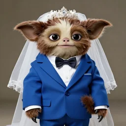 a portrait photograph of gizmo from the movie gremlins wearing a blue wedding suit and looking proud, portrait taken by annie leibovitz,