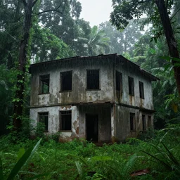 Abandoned building in the rainforest, raining