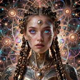 a mechanical euphoric realistic goddess staring into the camera in a photo shoot with holographic eyes, braided hair, jewelry, tattoos,   the entire image is covered in a  fractal designs and Mandelbrot bursts with cinematic lighting, unreal engine, trending on artstation, hyper realistic, surrealist, perfect symmetry, visionary art, inspiring