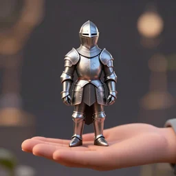 a realistic diminutive knight figurine standing on a giant hand, realistic, 3 d render, bokeh, behance, octane render, glossy, reflecting,
