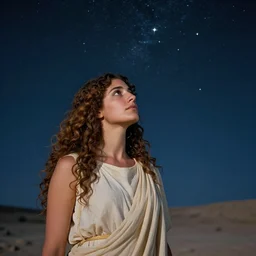hypatia of alexandria, beautiful ancient greek curly - haired woman, looking in awe at the night sky full of stars - w 7 6 8
